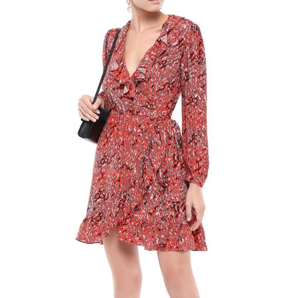 SALE!!! Maje Red Ruffle-trimmed Leopard-print Crepe Mini Wrap Dress - Picture 1 of 10